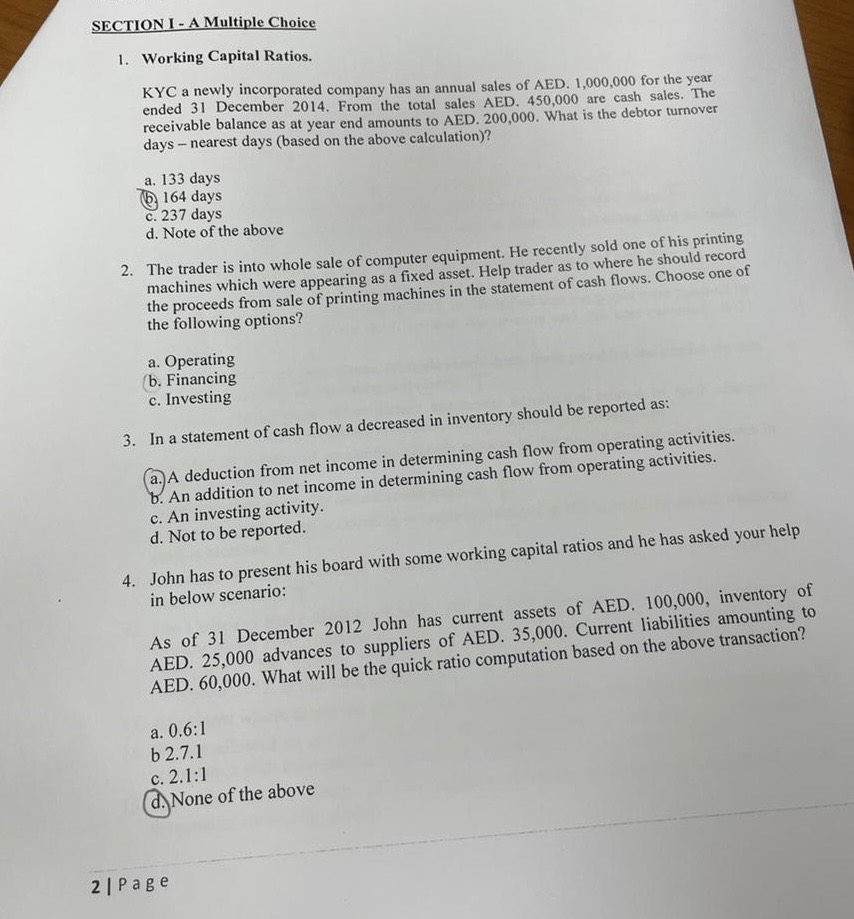  SECTION I - A Multiple Choice Working Capital Ratios. KYC a