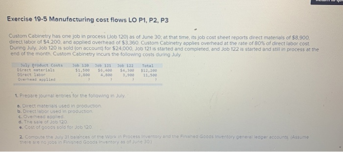  Exercise 19-5 Manufacturing cost flows LO P1, P2, P3 Custom Cabinetry