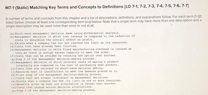  M7-1 (Static) Matching Key Terms and Concepts to Definitions [LO 7-1,7-2,7-3,