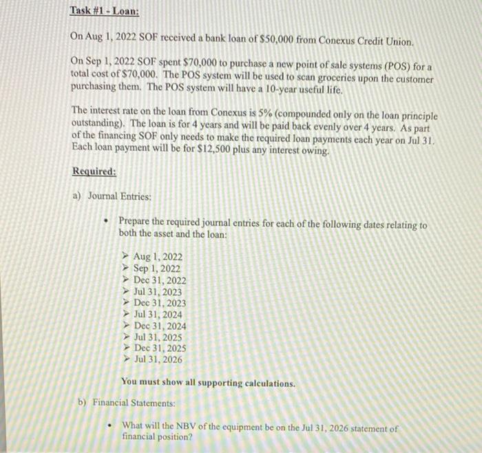  Task #1 - Loan: On Aug 1, 2022 SOF received a