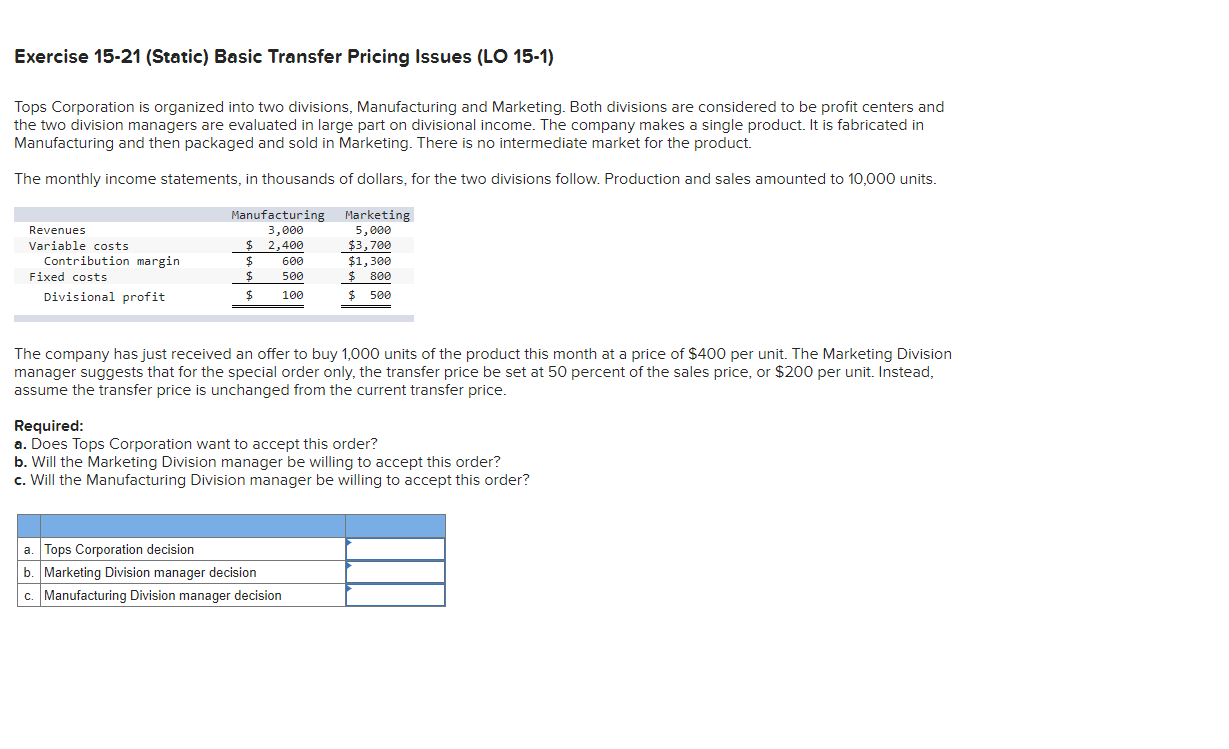  Exercise 15-21 (Static) Basic Transfer Pricing Issues (LO 15-1) Tops Corporation