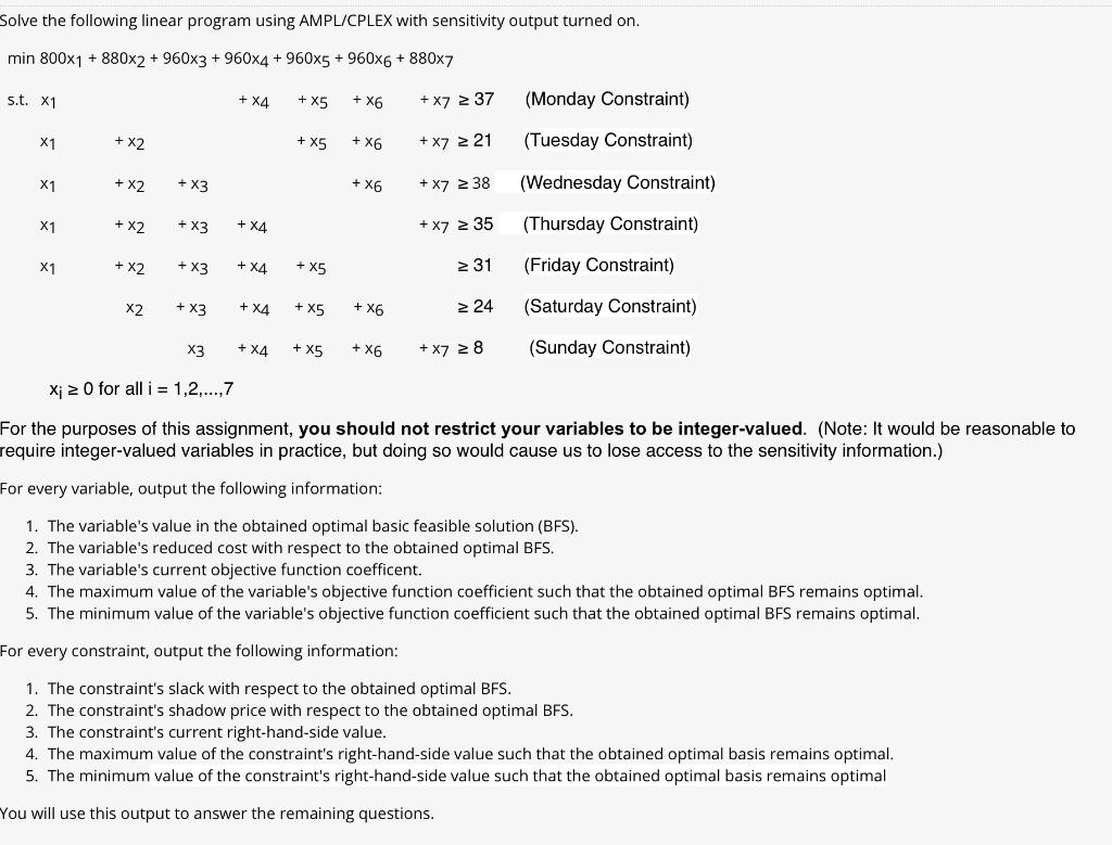  Solve the following linear program using AMPL/CPLEX with sensitivity output turned