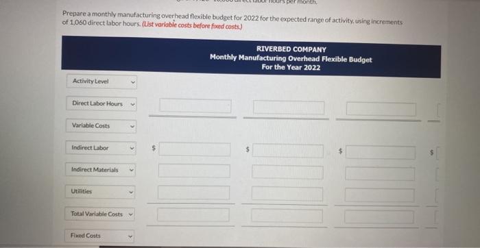 manufacturing overhead based on direct labor hours. Budgeted variable manufacturing overhead costs