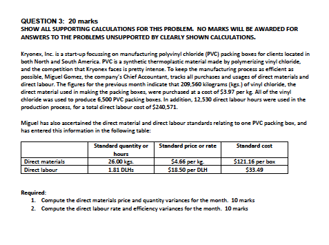 QUESTION 3: 20 marks SHOW ALL SUPPORTING CALCULATIONS FOR THIS PROBLEM.