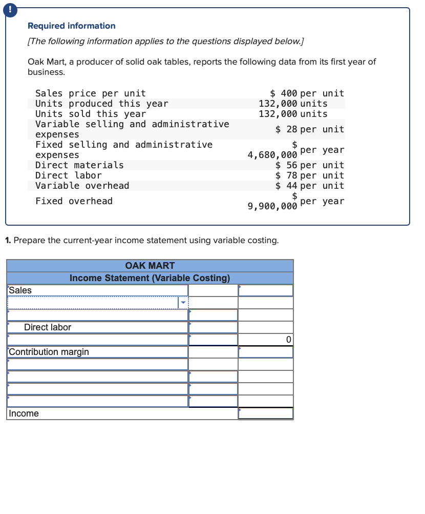  1. Prepare the current-year income statement using variable costing.Required information [The