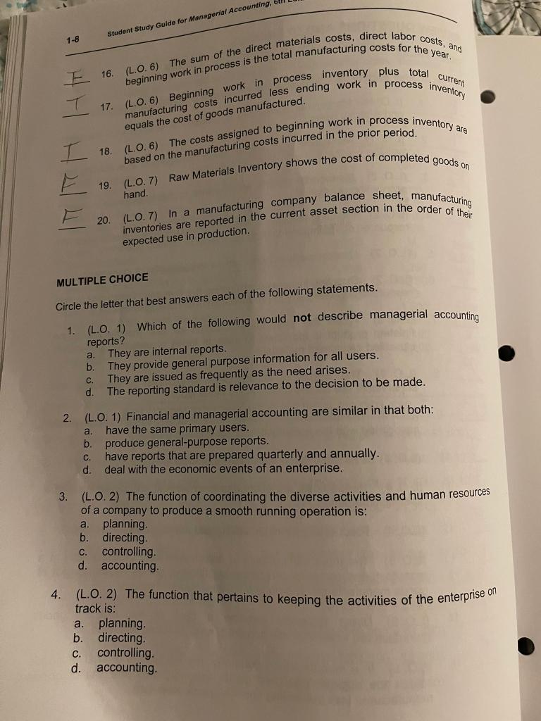 Student Study Guide for Managerial Accounting, 1-8 16. beginning work in