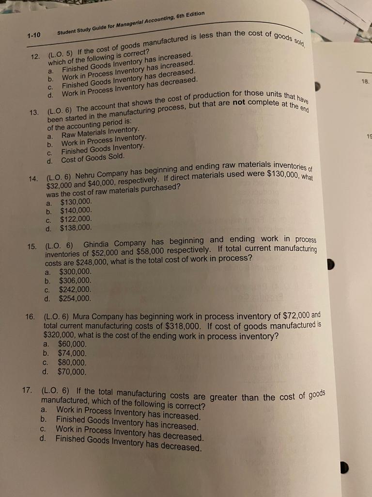 of the direct materials costs, direct labor costs, and 17. (L.O.6) Beginning
