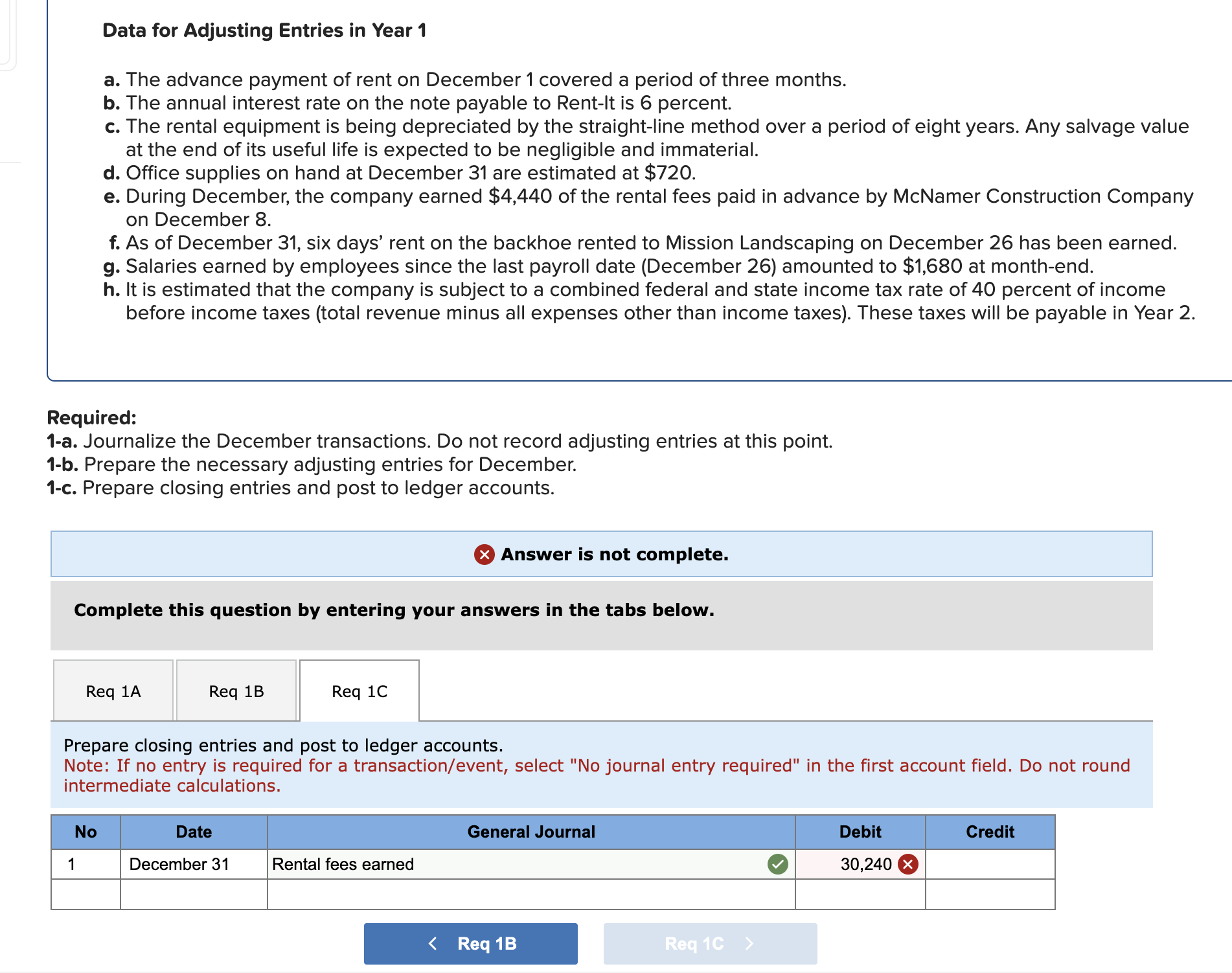  Data for Adjusting Entries in Year 1 a. The advance payment