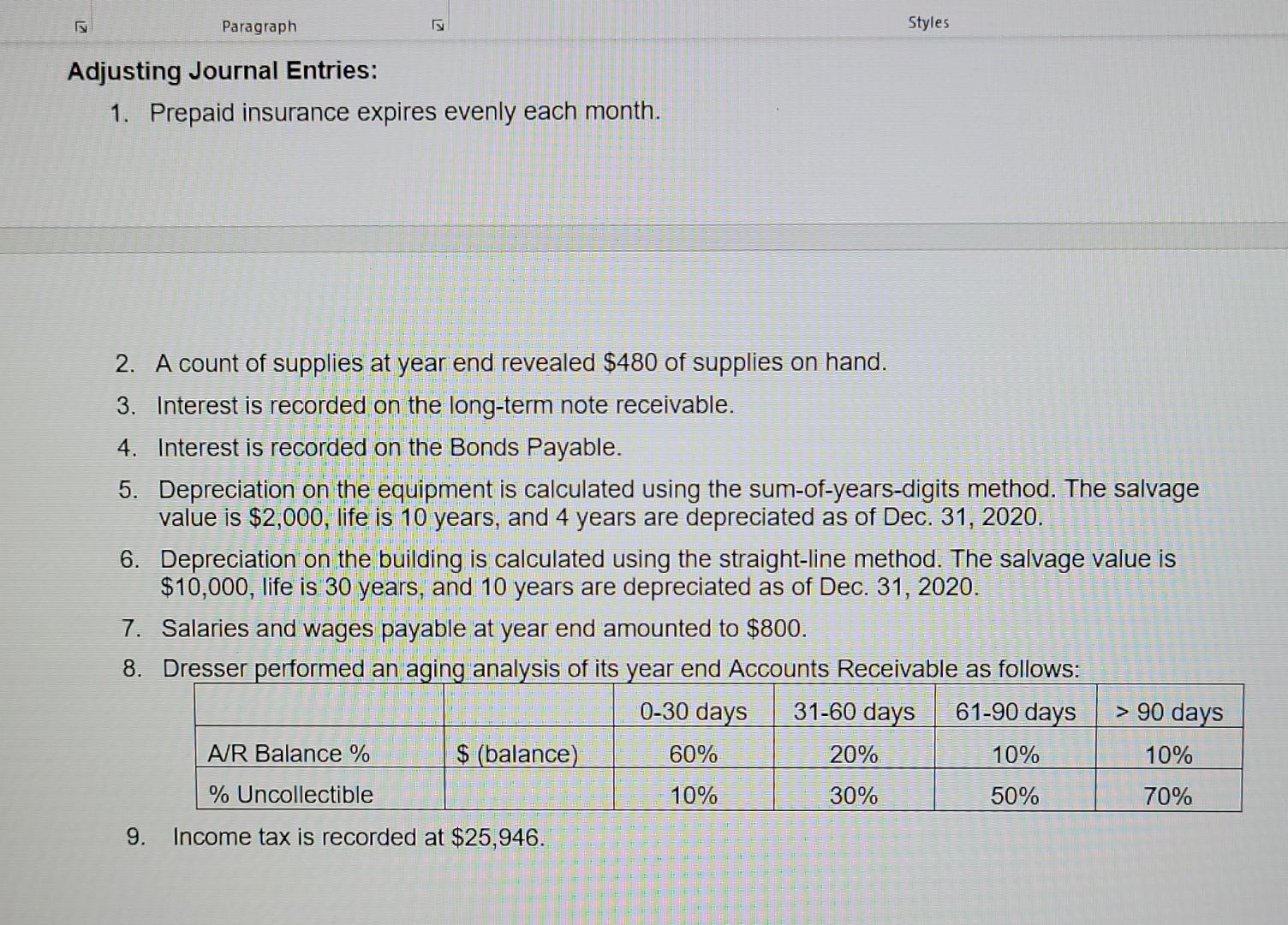 the project's Excel file. 1. The financial statements for year ended December