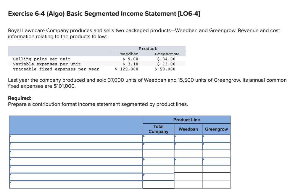  Exercise 6-4 (Algo) Basic Segmented Income Statement (LO6-4] Royal Lawncare Company