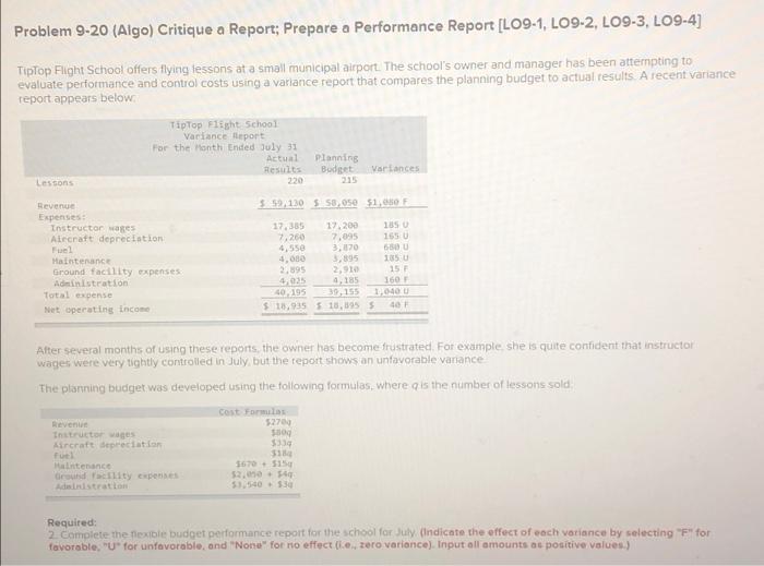  Problem 9-20 (Algo) Critique a Report; Prepare a Performance Report [LO9-1,