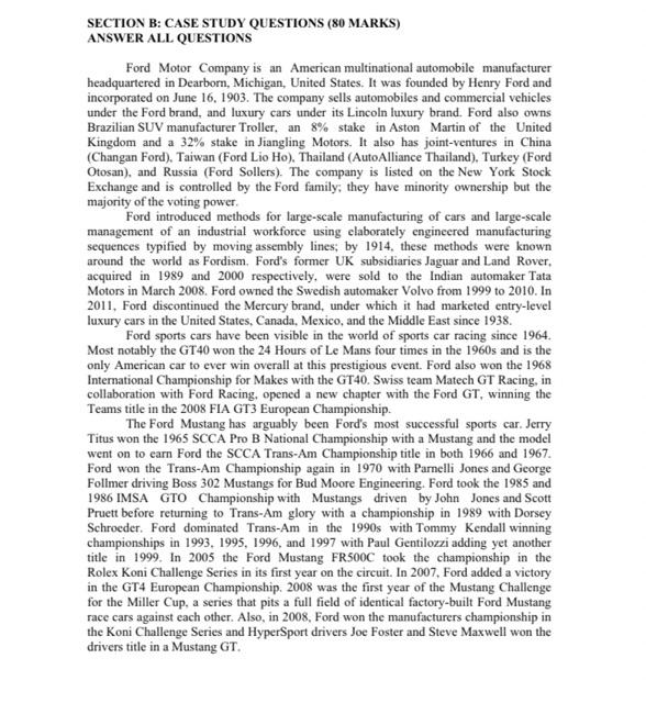  SECTION B: CASE STUDY QUESTIONS (80 MARKS) ANSWER ALL QUESTIONS Ford