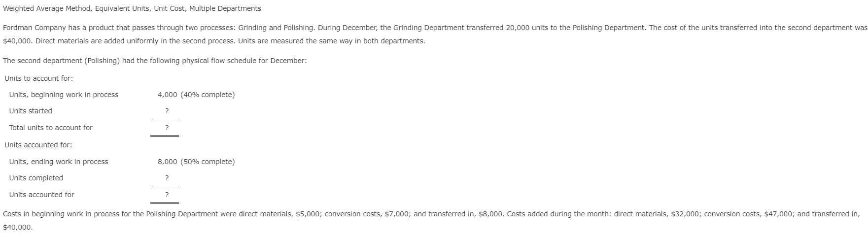 Weighted Average Method, Equivalent Units, Unit Cost, Multiple Departments Fordman Company