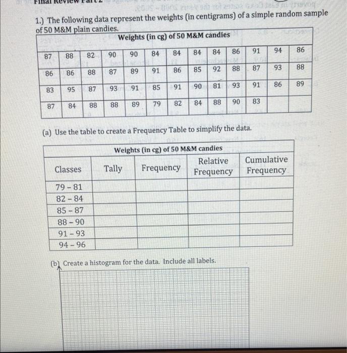  11 1.) The following data represent the weights (in centigrams) of