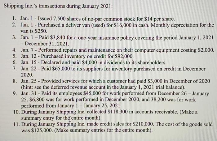 the role of the staff accountant for Shipping Inc., and perform Shipping