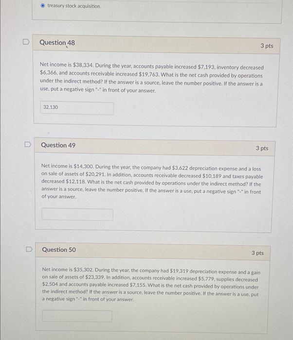 is 48 correct? can u pls answer 49 and 50? treasury stock