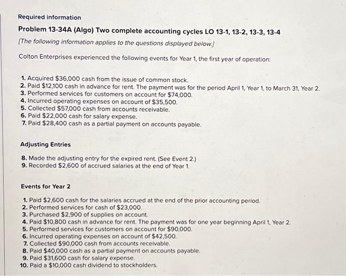  Required information Problem 13-34A (Algo) Two complete accounting cycles LO 13-1,