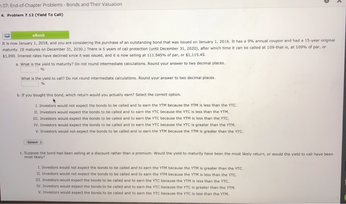 problem 7.12 yield to call 07: End-of-Chapter Problems - Bonds and Their