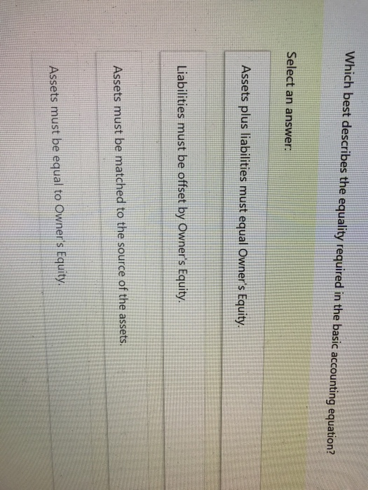  Which best describes the equality required in the basic accounting equation?