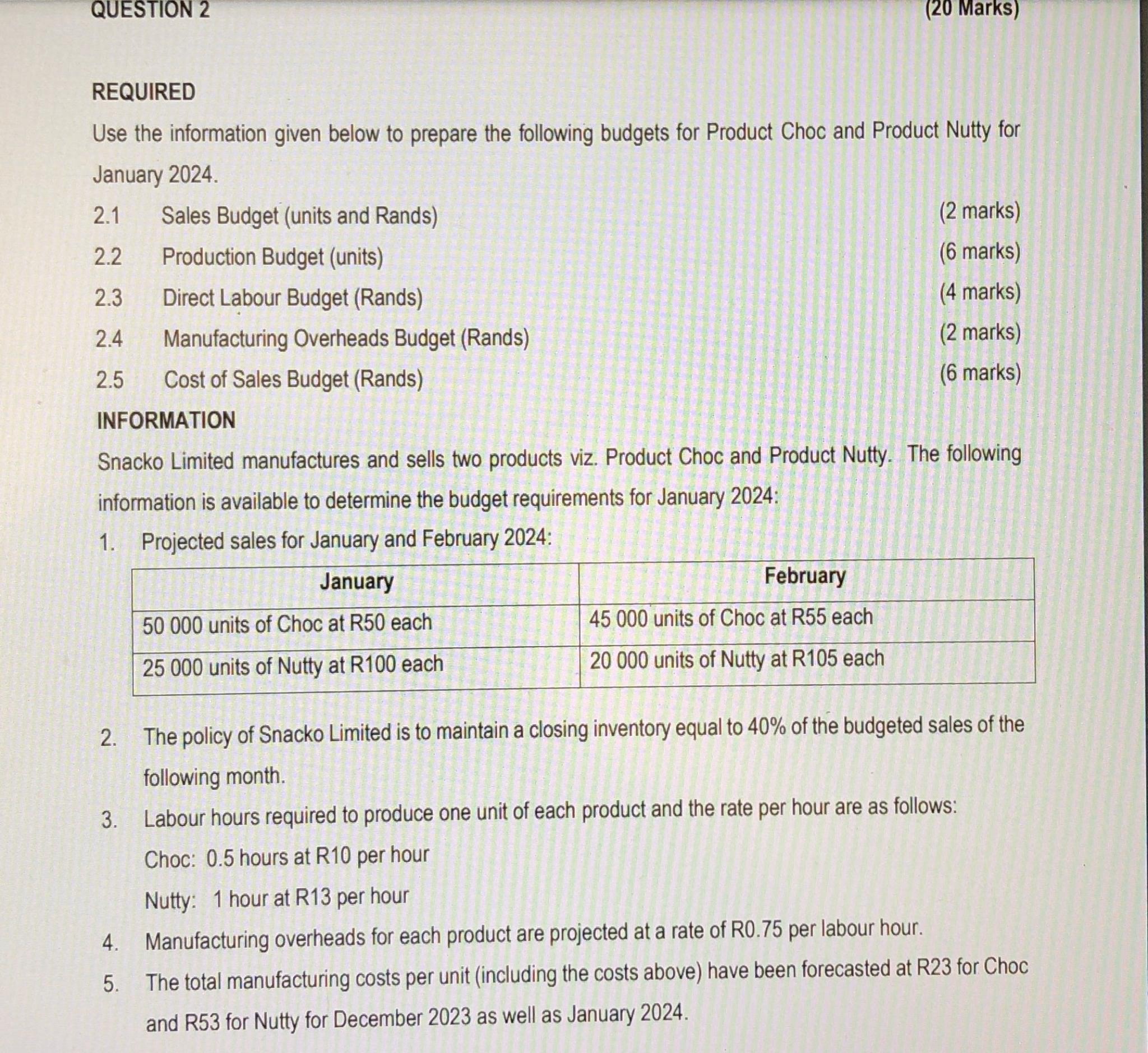  QUESTION 2 (20 Marks) REQUIRED Use the information given below to