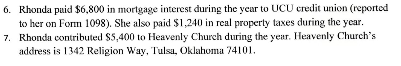 following information to complete Rhonda Hill's 2019 federal income tax return. If