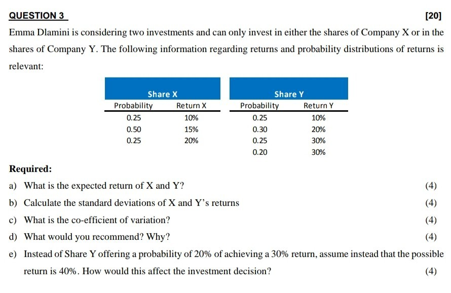  Clear steps plz QUESTION 3 [20] Emma Dlamini is considering two