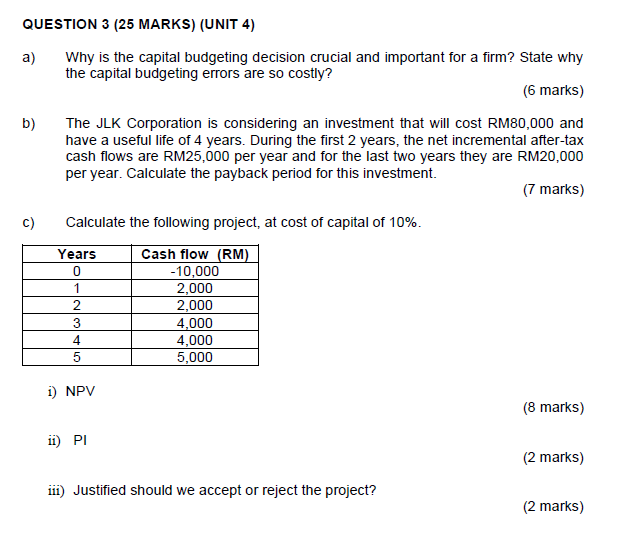 QUESTION 3 (25 MARKS) (UNIT 4) a) Why is the capital