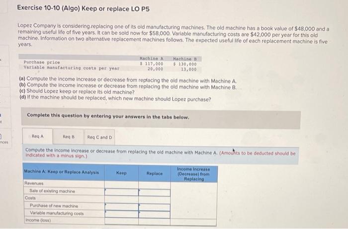  Exercise 10-10 (Algo) Keep or replace LO P5 Lopez Company is