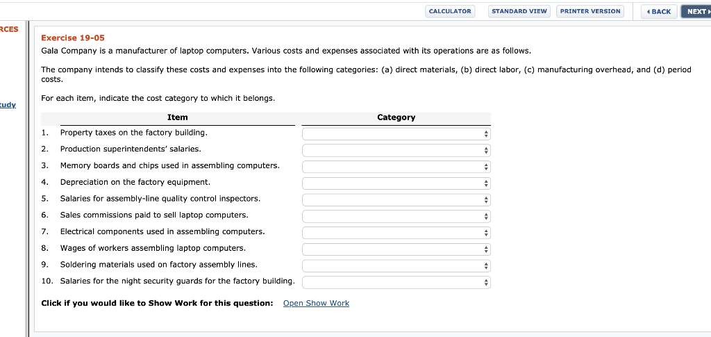  CALCULATOR STANDARD VIEW PRINTER VERSION BACK NEXT RCES Exercise 19-05 Gala