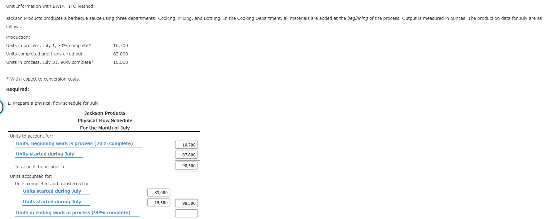 Unit Information with BWIP, FIFO Method Jackson Products produces a barbeque