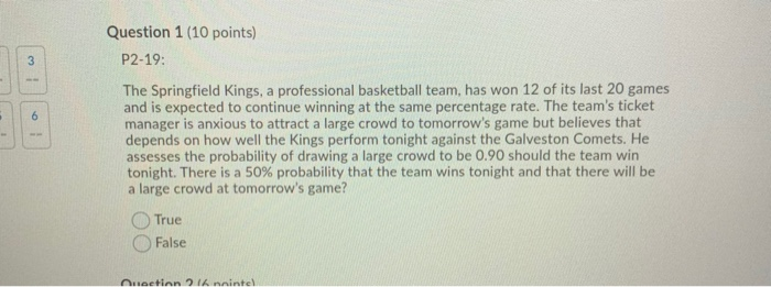  3 - Question 1 (10 points) P2-19: The Springfield Kings, a