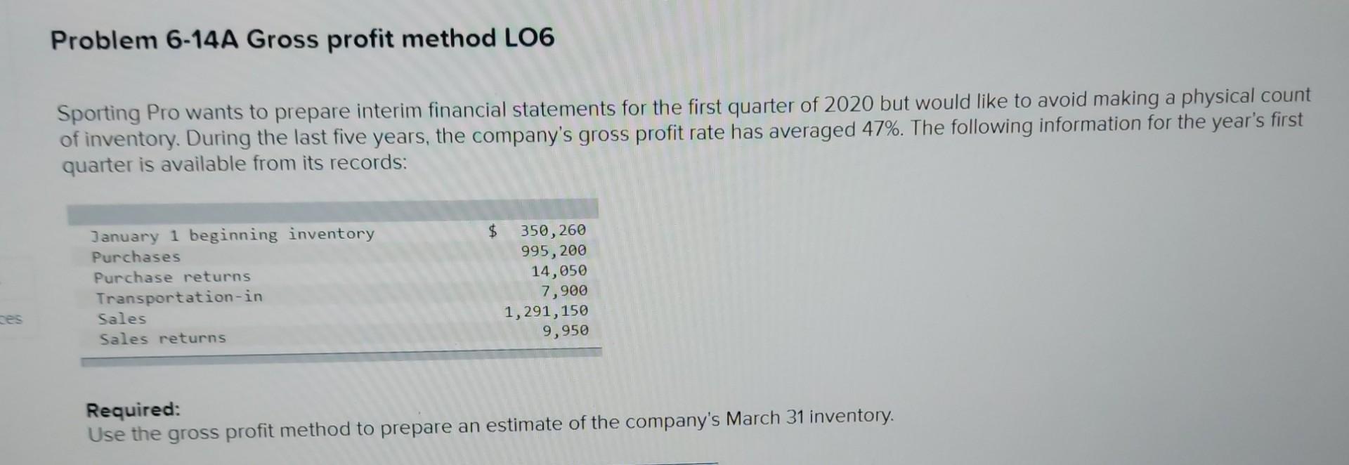 Problem 6-14A Gross profit method LO6 Sporting Pro wants to prepare