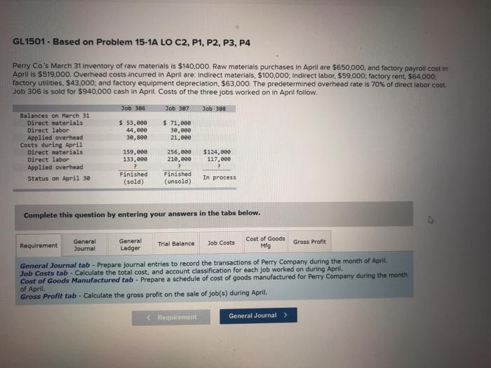  GL1501 - Based on Problem 15-1A LO C2, P1, P2, P3,