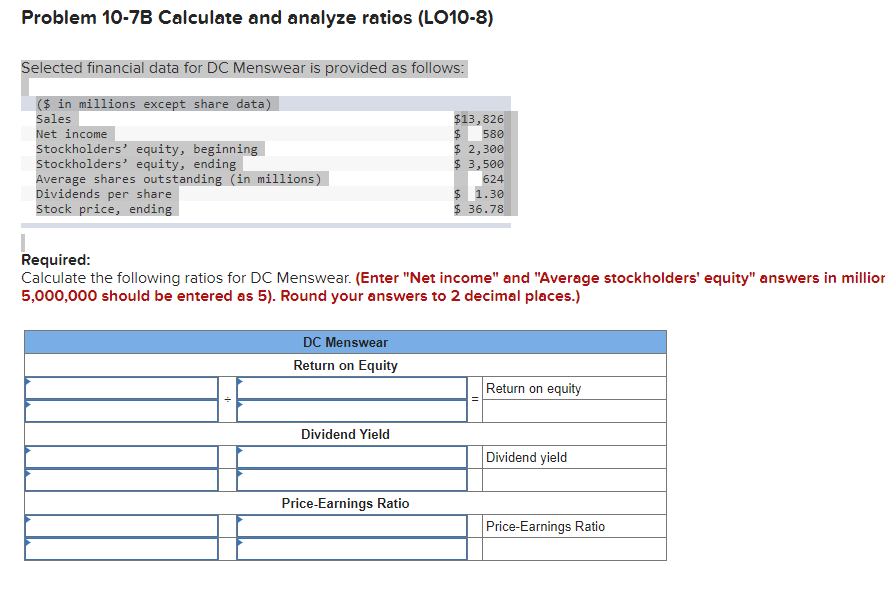  Problem 10-7B Calculate and analyze ratios (LO10-8) Selected financial data for