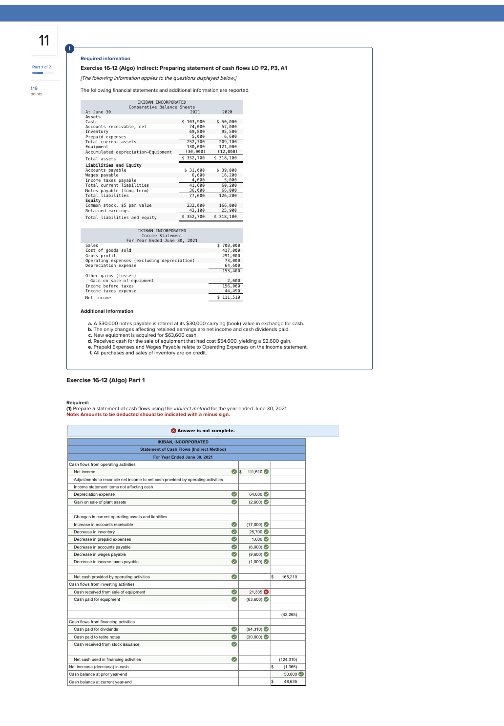 11 Required information Exercise 1612 (Algo) Indirect: Preparing statement of cash flows