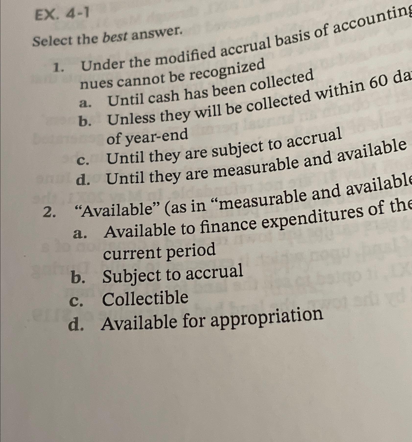  EX. 4-1\ Select the best answer.\ Under the modified accrual basis