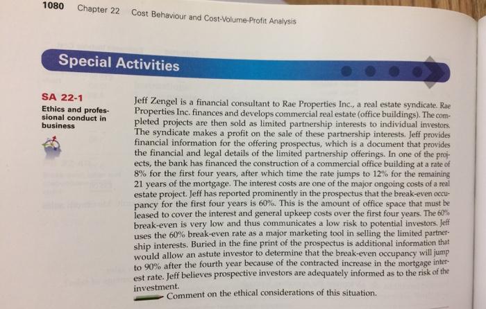 Case Study 1080 Chapter 22 Cost Behaviour and Cost-Volume-Profit Analysis Special Activities