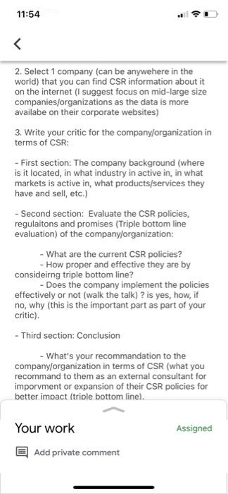 11:54 2. Select 1 company (can be anyvehere in the world) that