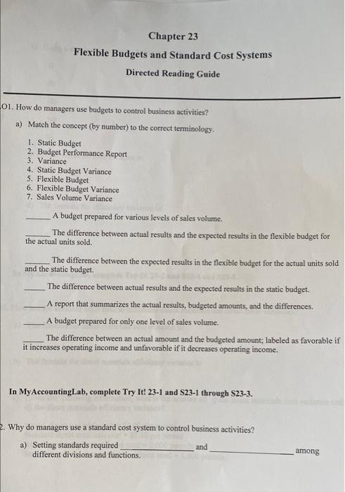  Chapter 23 Flexible Budgets and Standard Cost Systems Directed Reading Guide