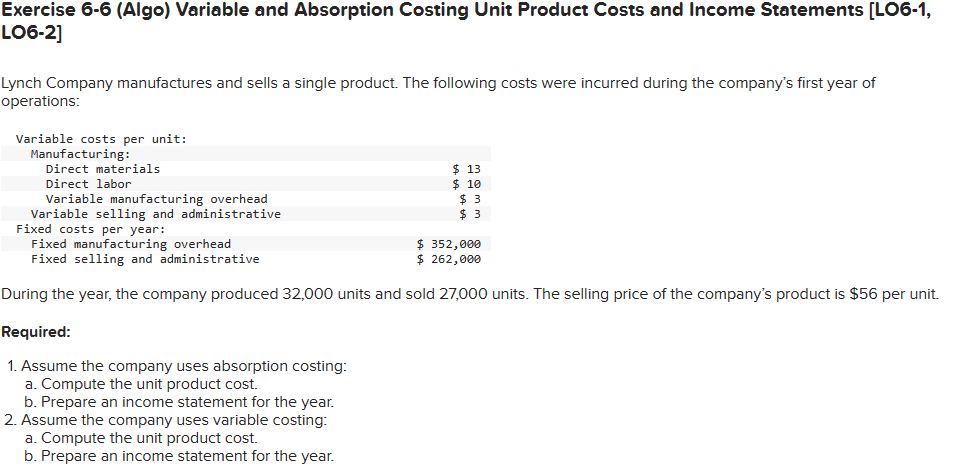 Exercise 6-6 (Algo) Variable and Absorption Costing Unit Product Costs and