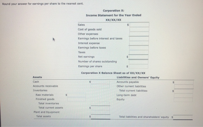 balance sheet: Sales Finished goods Long-term debt Raw materials Cash Cost of