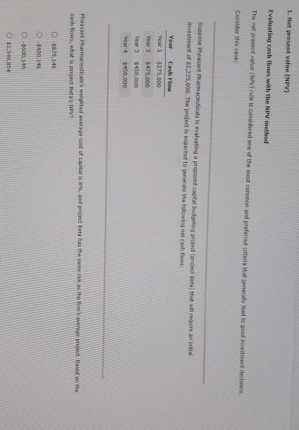 1. Net present value (NPV) Evaluating cash flows with the NPV
