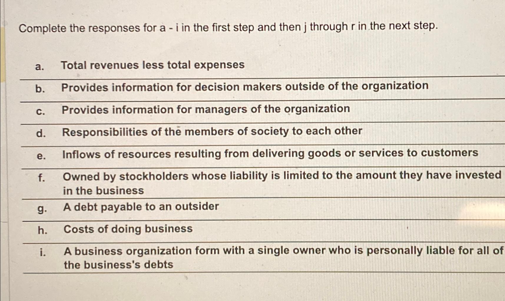  Complete the responses for a-i in the first step and then