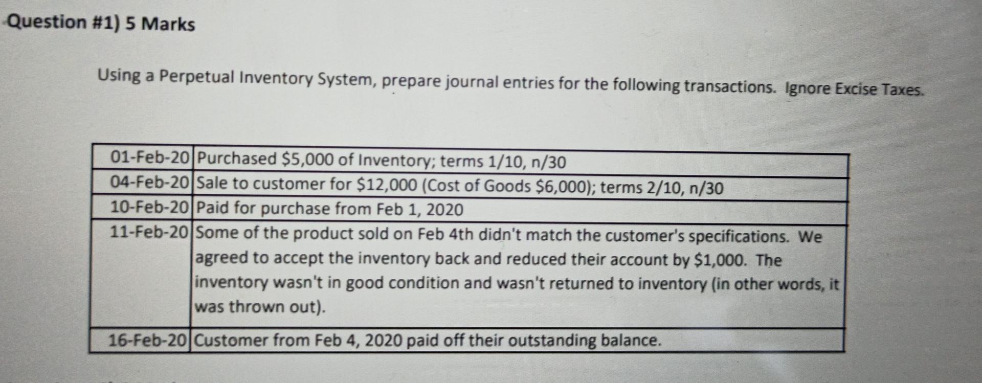  Using a perpetual Inventory System, prepare journal entries for the following