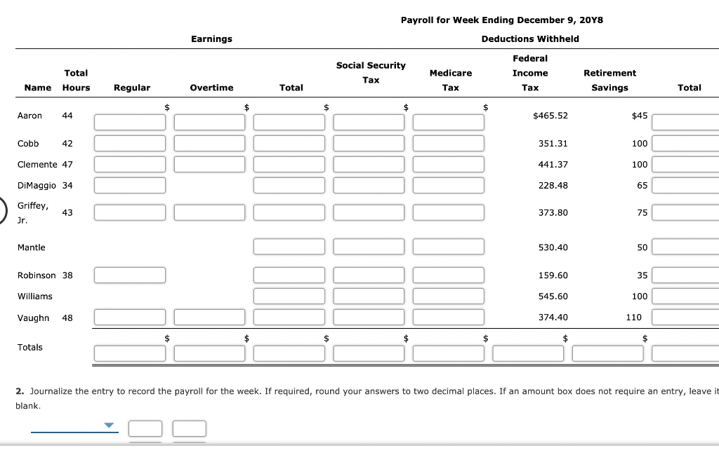 the payroll for the week ended December 9, 2048: Hours Hourly Weekly
