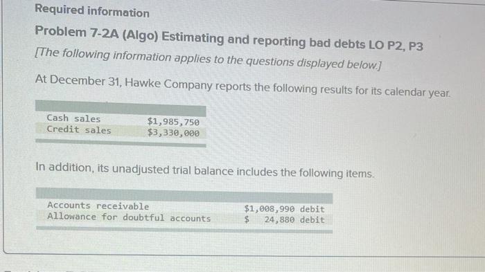 question 2 Required information Problem 7-2A (Algo) Estimating and reporting bad debts