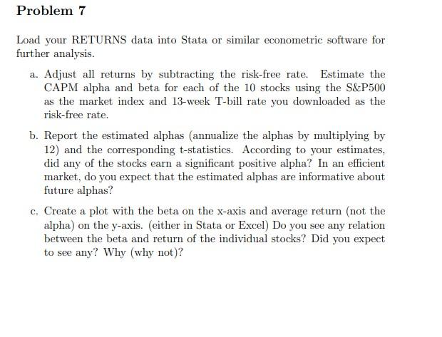 Include your answer for Q7 (although done in Stata) in excel as