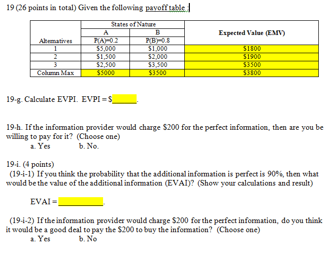  19 (26 points in total) Given the following payoff table :