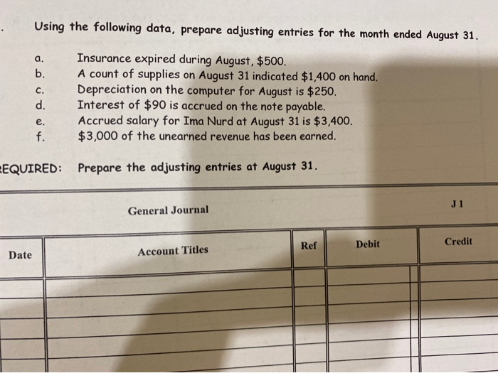 need help preparimg adjustkng entries Using the following data, prepare adjusting entries
