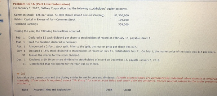  el VE Problem 14-1A (Part Level Submission) On January 1, 2017,